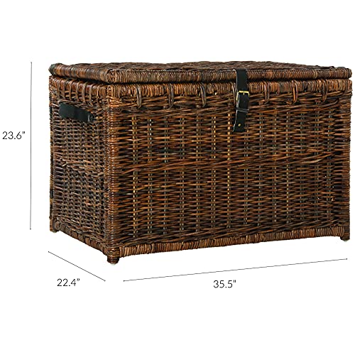 Wicker Storage Trunk, 35.5-Inch Collapsible Rattan Chest with Leather Straps