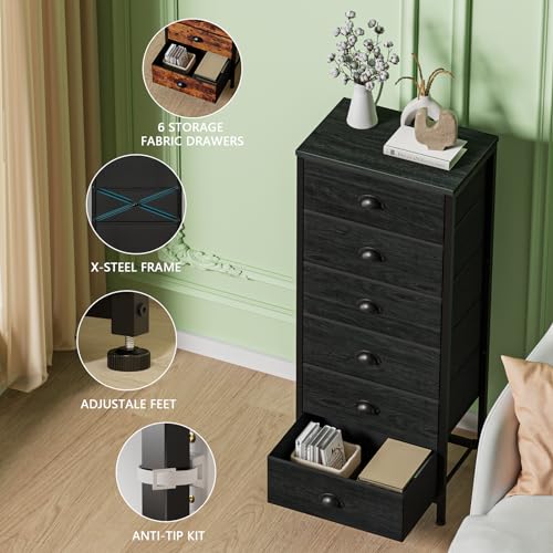6-Drawer Vertical Dresser with Wood Top, Fabric Storage Chest for Bedroom