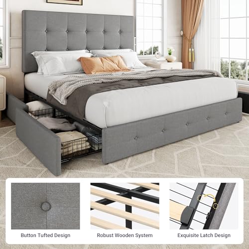 Queen Size Upholstered Platform Bed Frame with 4 Storage Drawers
