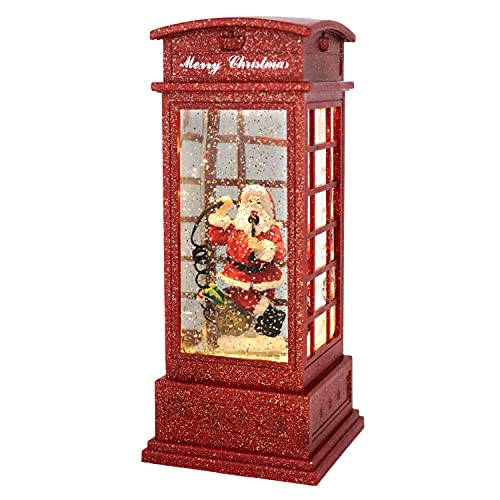 Lighted Red Phone Booth Christmas Snow Globe Lantern with Timer