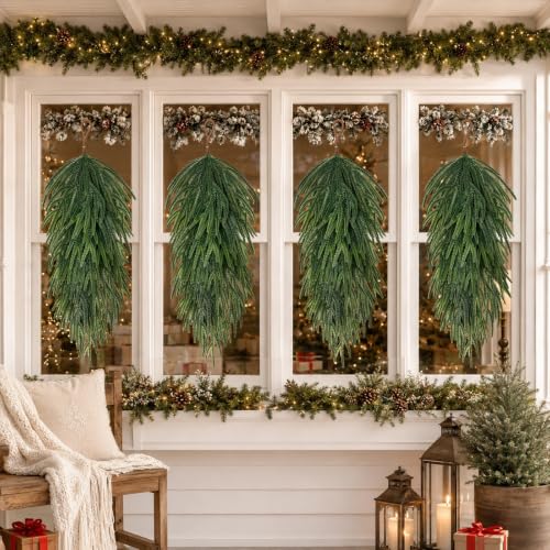 SpringTalk 30in Artificial Teardrop Swags, 4-Pack Norfolk Pine Wreaths for Front Door (Fresh Green)