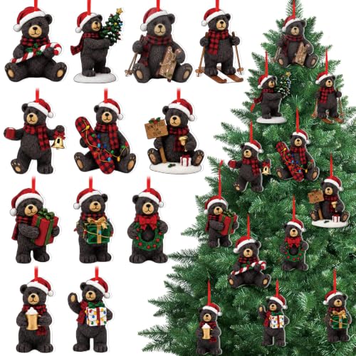 Syhood 24 Pcs Black Bear Christmas Ornaments Set - 12 Styles, Holiday Decor