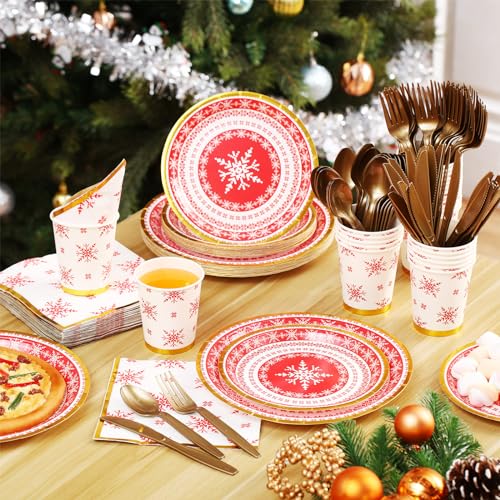Umigy Snowflake Christmas Dinnerware Set for 25 Guests - Disposable Holiday Plates Cups & Cutlery