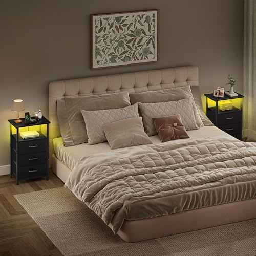 Set of 2 LED Nightstands with Charging Station, 3-Drawer Bedside Side Table