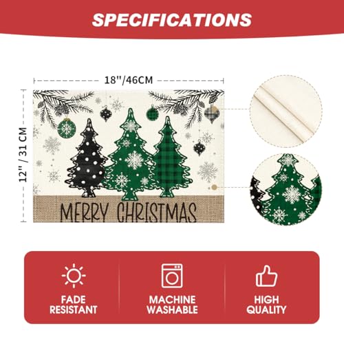 Green Pine Tree Balls Christmas Placemats Set of 4 12x18 Inch Winter Holiday Table Decor