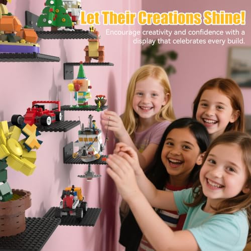 12-Pack Floating Display Shelves with Stud Baseplates for Toy Bricks, Black