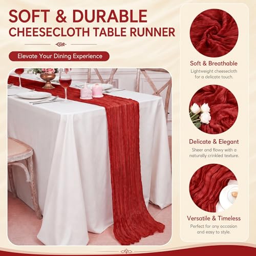 GRYSERIN 2-Pack Red Cheesecloth Table Runner 17x108in | Gauze Linen Strap Wedding Rustic