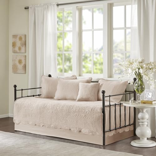 6-Piece Damask Quilted Daybed Cover Set with Scalloped Edges, Blush