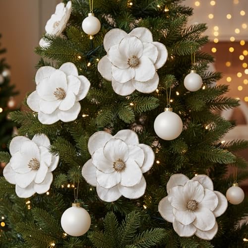 Outus White Velvet Christmas Tree Decorations Set with Glitter Magnolia Flowers & Ornaments