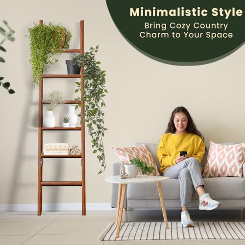 6-Tier Wooden Blanket Ladder - Rustic Farmhouse Quilt & Towel Rack, 68 Inch