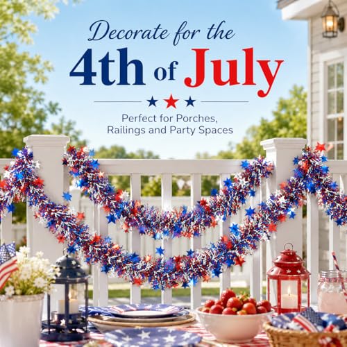Patriotic Tinsel Garland 5-Pack (32.8 ft) - Red White & Blue Metallic Star Decor