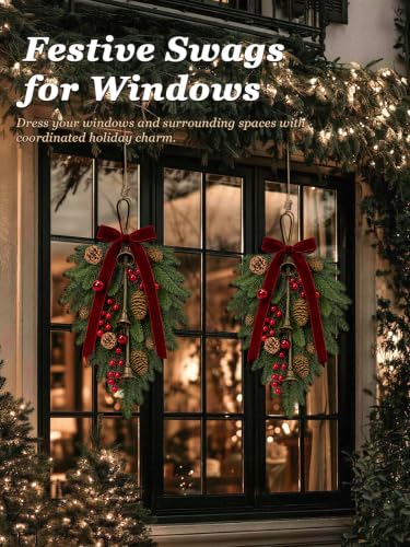 Sariiraw 4 Pack 23in Christmas Teardrop Swag - Artificial Norfolk Pine with Pinecones & Red Berries