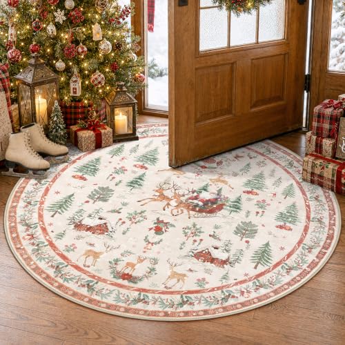 Lahome 4ft Round Christmas Rug - Reindeer Sleigh Design, Beige