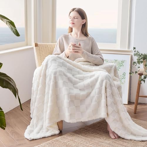 NEWCOSPLAY Ivory Checkered Flannel Throw Blanket 50x70 - Reversible Soft Cozy Bed Couch Decor