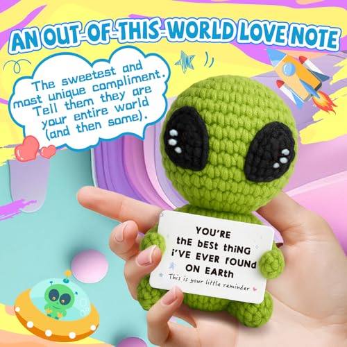 Handmade Crochet Alien Plush Doll with Heartfelt Love Note - Cute Decor