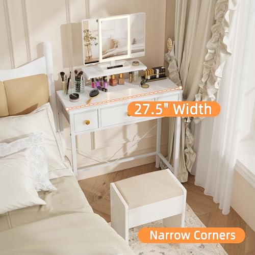 Small Makeup Vanity Desk with Lighted Tri-Fold Mirror and 3 Drawers