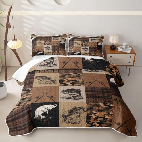 Bass Fish Quilt Bedding Set, Soft Lightweight Lake Fishing Bedspread