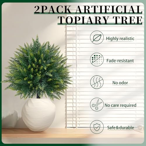 2 Pack 23-Inch Artificial Cedar Topiary Ball Trees for Outdoor Porch Decor
