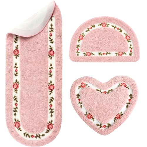 3-Piece Rose Flower Bathroom Rug Set, Non-Slip Absorbent Floral Bath Mats