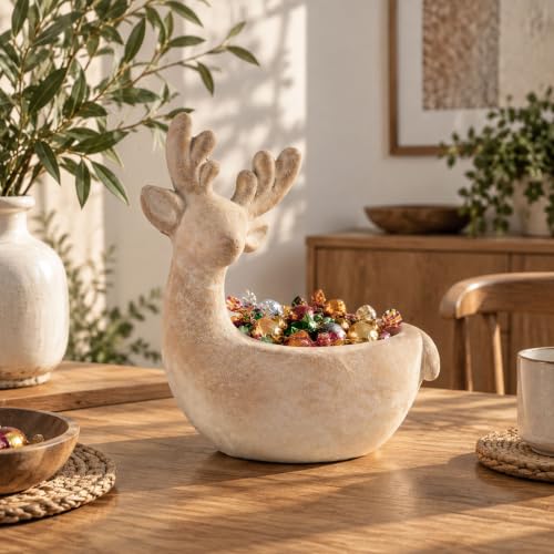 Beige Reindeer Decorative Bowl - Christmas Tabletop Centerpiece, 8.7" Cement Holiday Decor