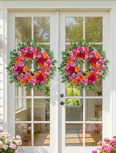26-Inch Floral Summer Wreath for Front Door with Hanger, Pink and Orange