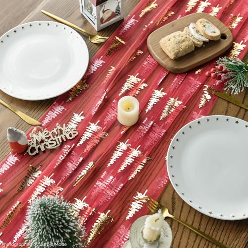 3PCS Red Gold Christmas Tree Gauze Table Runner 28 x 120 Inch Seasonal Holiday Decor