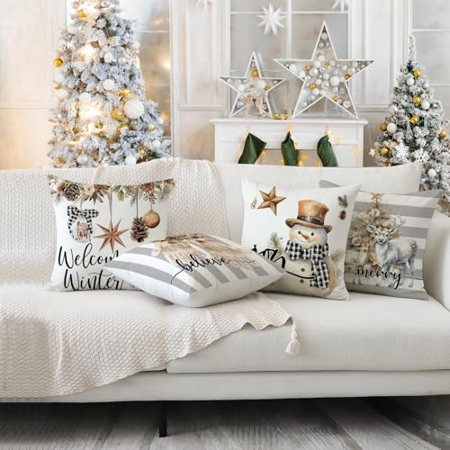 Artmag 16x16 Inch Christmas Pillow Covers Set of 4 Snowman Gloves Welcome Winter Grey White Stripes Farmhouse Home Decor