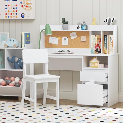 Kids Study Desk and Chair Set with Hutch, Bulletin Board, and Storage