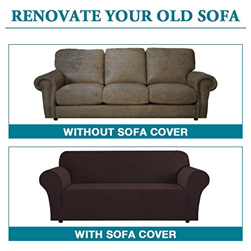 High Stretch Sofa Slipcover - Non-Slip Couch Cover for 3 Cushions, Large Brown, Washable Pet Protector