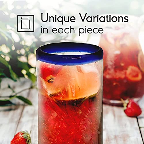 Handblown 20 oz Iced Tea Glasses with Cobalt Blue Rim, Set of 6