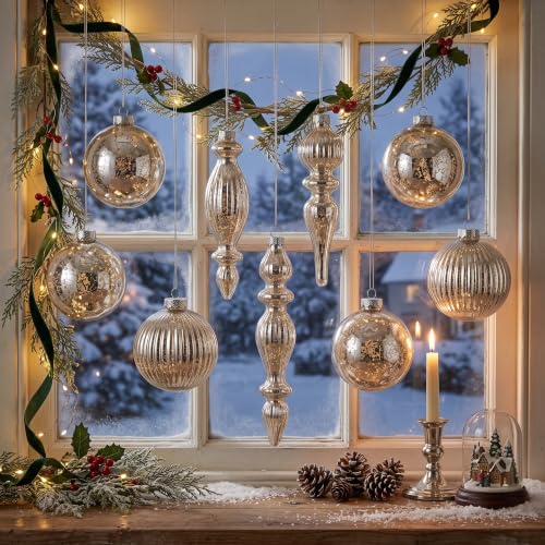 Set of 9 Vintage Silver Mercury Glass Christmas Ornaments with Finials — Sliver / Set of 9