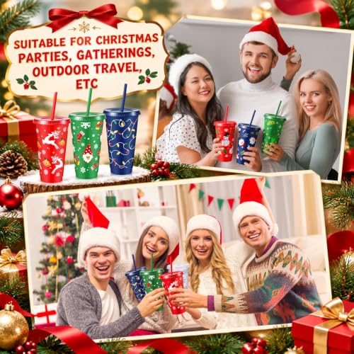 Chuangdi 48Pcs Christmas Cups with Lids & Straws - 24oz, White/Red/Green/Blue, Includes Santa, Snowflake, Gingerbread Designs