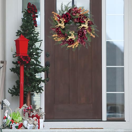 Svndlyn 22-Inch Burgundy Lighted Christmas Wreath with Timer and Reindeer
