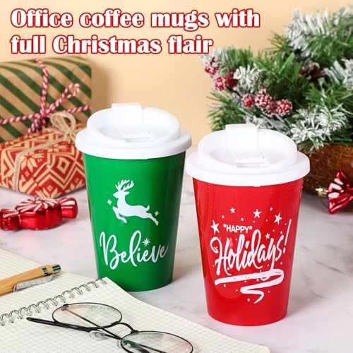 Christmas Reusable Plastic Cups with Lids - 12 Oz, Red & Green, 10 Pcs
