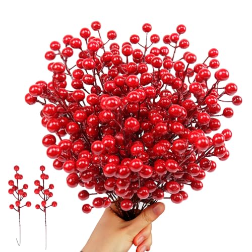 COSOKUU Red Berry Stems 30 Pcs - 8in Artificial Holly Picks for Christmas Decor (Red)
