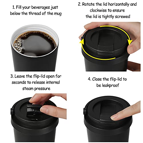 Funkrin Black 2026 Insulated Ceramic Coating Travel Mug 16oz with Flip Lid & Handle