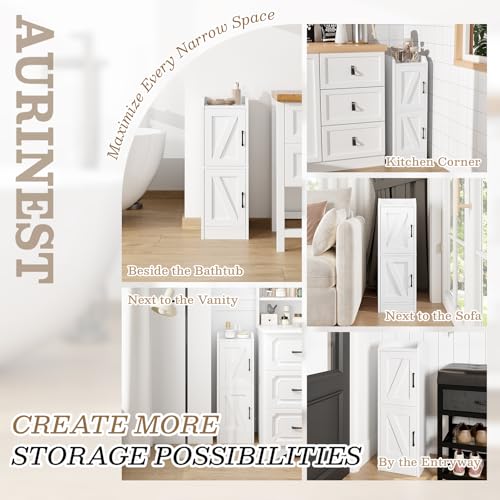 AURINEST White Wood Narrow Bathroom Storage Cabinet with 2 Doors, Slim Shelves, 29.5"H