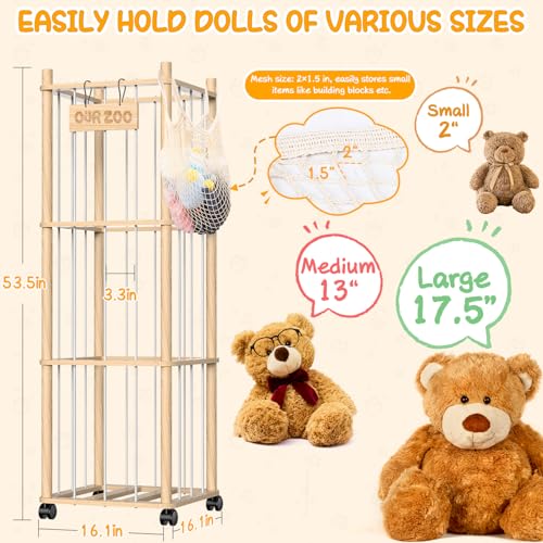 3-Tier Wooden Stuffed Animal Storage Organizer with Wheels, Mobile Toy Zoo