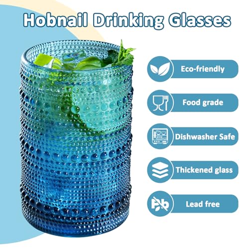 15 oz Hobnail Drinking Glasses with Straws, Set of 6 Vintage Glassware