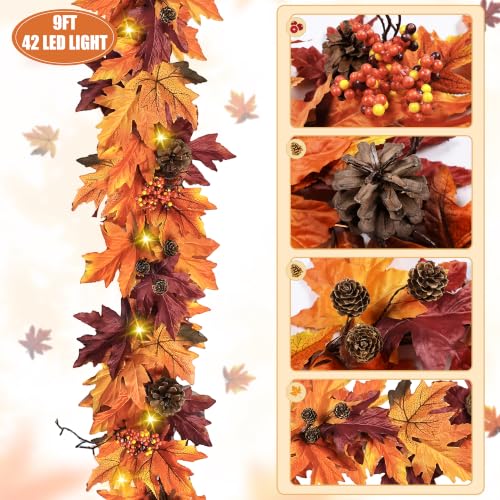 Ghrdopy Style1 9Ft Fall Garland with 42 Lights & Timer - Autumn Decor