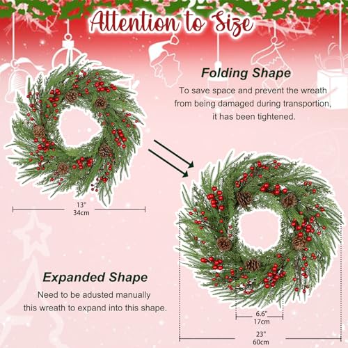 Oairse Norfolk Pine Wreath with Pinecones, Berries & Cedar - 23 Inch Indoor/Outdoor Xmas Door Decor
