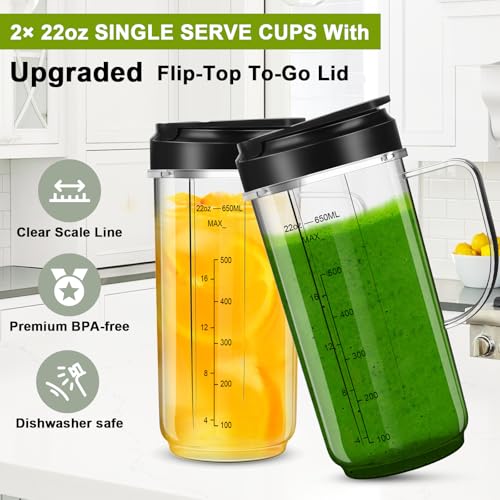 22oz Blender Replacement Cups with Cross Blade and To-Go Lids - 5 Piece Set
