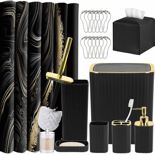 21-Piece Complete Bathroom Accessory Set in Black with Shower Curtain & Rugs
