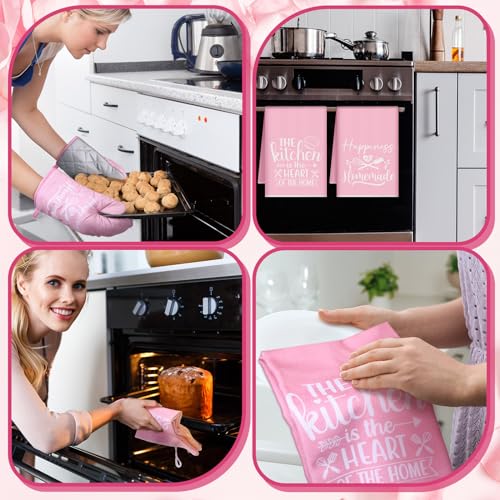 6-Piece Pink Kitchen Decor Set: Oven Mitts, Pot Holders, and Dish Towels