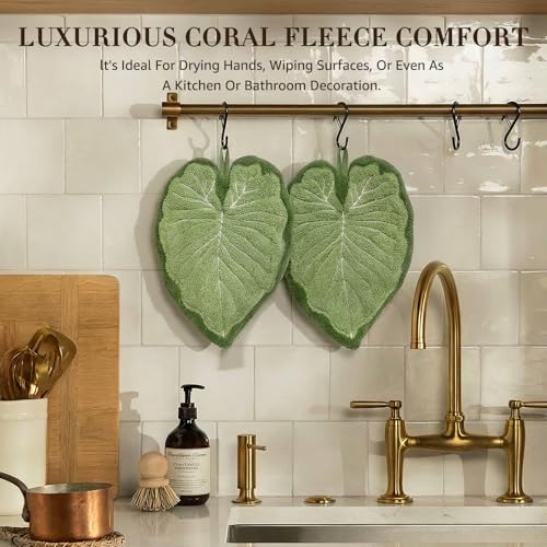 Leaf-Shaped Hanging Hand Towels - 2 Pack, Soft Coral Fleece Absorbent