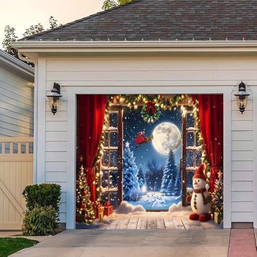 Leyiyi 7x8ft Christmas Garage Door Banner Decorations Santa Gifts Rustic Window