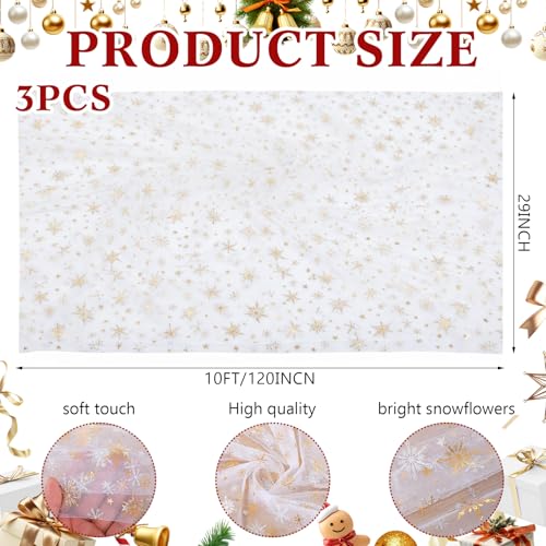 White and Gold Snowflake Gauze Table Runner 120" – Windkream, 3 Pcs Seasonal Decor