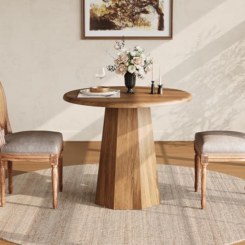 31.5-inch Round Dining Table, Rustic Brown Wood Kitchen Table for 4