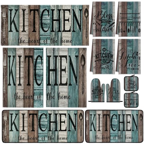 12-Piece Farmhouse Kitchen Decor Set, Teal Kitchen Linens, Rugs, and Curtains