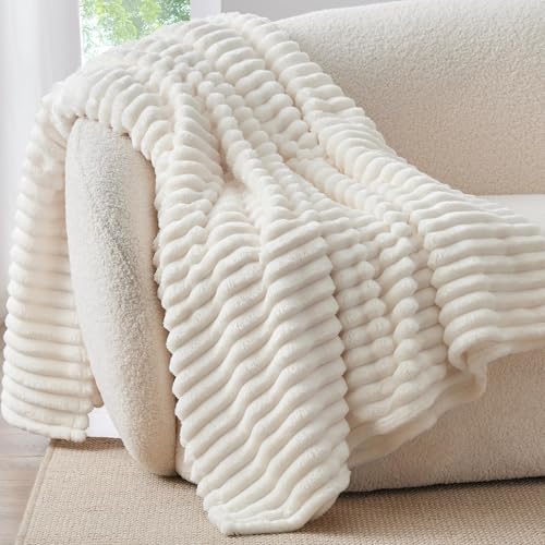 BEDELITE Ribbed Fleece Throw Blanket Cream 50"x60" Cozy Soft